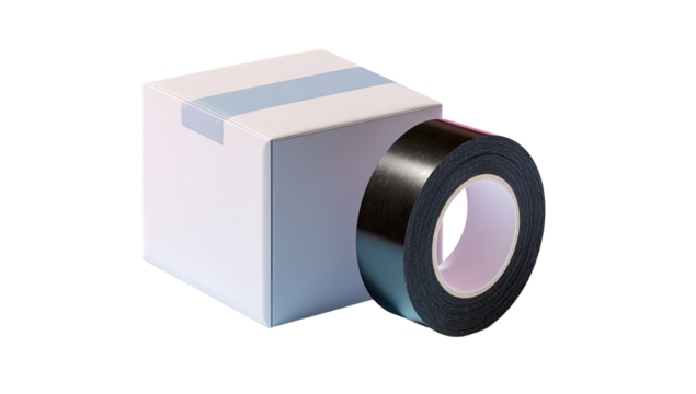 A black adhesive tape roll next to a plain white box. A light pastel blue stripe accents the box. 3D rendering