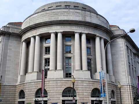 Front of the Ronald Reagan Building and International Trade Center in downtown Washington DC, United States of America