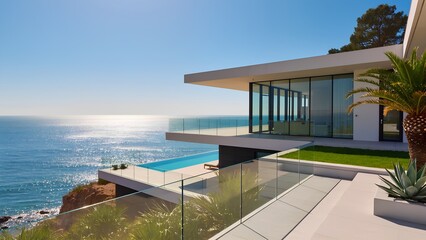 Fototapeta premium A breathtaking modern villa nestled on the tranquil shores of a serene ocean, featuring expansive floor-to-ceiling glass windows. Ocean view or sea view villa modern seaside architecture
