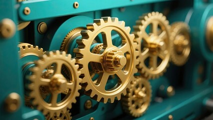 Obraz premium Golden Gears Mechanism in a Teal Machine