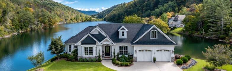 aerial view of a beautiful home in a west virginia lake community, surrounded by other homes