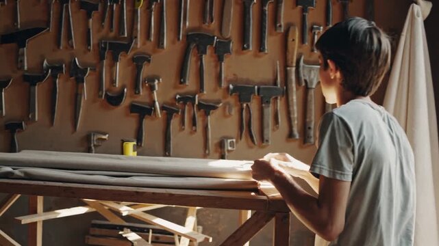 Young boy crafts with tools in workshop filled with equipment and natural light during afternoon hours