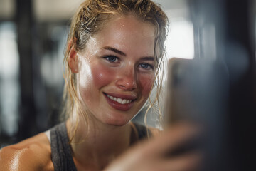 A post-workout selfie in a gym mirror, smiling, sweaty, proud, smartphone in hand, authentic, social media style