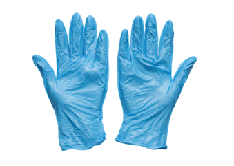 Pair of light-blue disposable gloves, palms facing outward