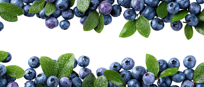 Fresh blueberries with leaves, arranged in a double horizontal border against a black background