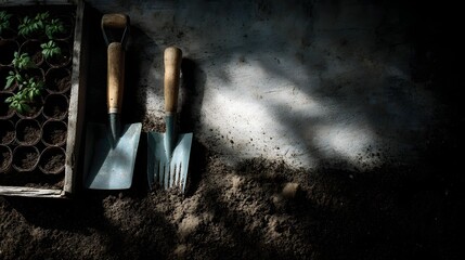 Garden tools and vibrant seedlings ready for planting in rich soil illuminated by soft natural light on a rustic concrete surface