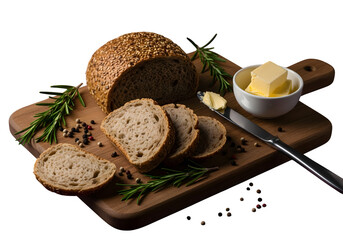 Energy booster of nutrition meal photo of freshly baked artisan bread with sesame seeds, sliced and served with butter and rosemary on a wooden cutting board, isolated on transparent background