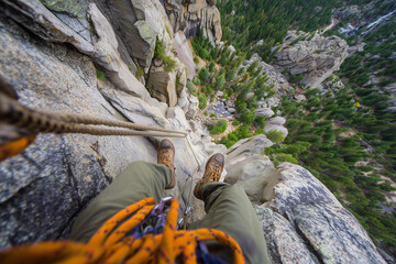 A rock climber's point-of-view shot looking down from a great height, vertigo, adventure, safety rope visible, extreme sports