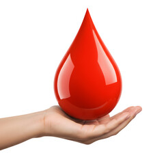 Fototapeta premium Hand gently holds a big red blood drop symbol, highlighting World Blood Donor Day, healthcare awareness, and humanity in saving lives. Isolated on white or transparent background. PNG format.