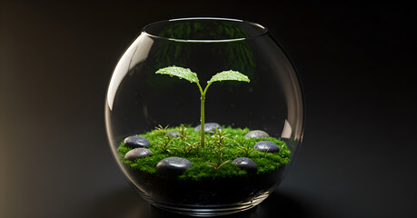 Fresh green sprout with water drops in glass terrarium against dark background