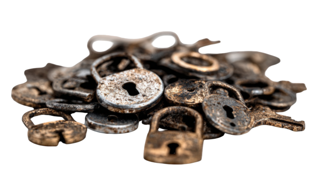 A pile of old, rusty padlocks