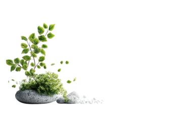 A small, stylized plant on a rock, set against a dark background