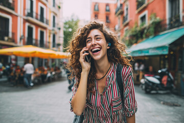 Fototapeta premium A woman laughing on a phone call while walking through a vibrant city street, hands-free, wireless earpiece, urban energy, candid, street photography style