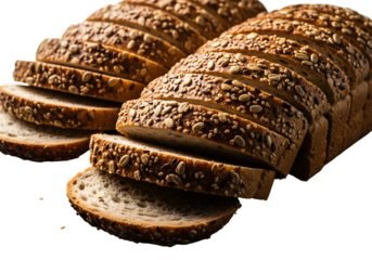 Energy booster of nutrition meal photo of sliced loaf of whole grain bread with seeds and grains, isolated on transparent background