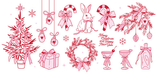 Whimsical Coquette Christmas Elements set. Hand drawn Vintage Xmas Holiday Clipart with bows in contour flat style. Vector illustrations of Baubles Decorations, Fir Tree, pine branch and cocktails.