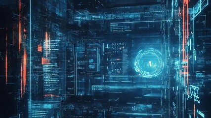 Futuristic server room processing big data with holographic interface - Powered by Adobe