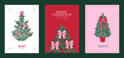 Fototapeta na wymiar Whimsical Christmas greeting cards templates. Ink drawing Merry Christmas vintage banners set. Xmas design with fit tree with ribbons and bows. Minimalist vector illustration in coquette style.