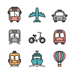 Minimal transport vector icons set – pastel outline travel vehicles pack