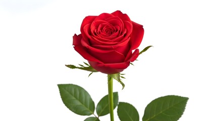 Vibrant Red Rose in Full Bloom with Fresh Green Leaves on a Clean White Background – Timeless Symbol of Love, Passion, and Beauty Captured in Detailed Floral Photography