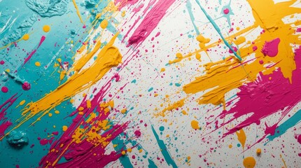 Obraz premium Textured Paint Splatter. messy but controlled paint splatters and brush strokes. The colors should be a bold and energetic mix of vibrant hues like turquoise, yellow, and fuchsia, splashed across