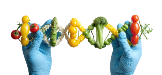 DNA double helix formed by various colorful fruits and vegetables held by gloved hands