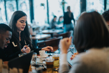 Colleagues working together in a vibrant cafe environment, collaborating on business ideas and...