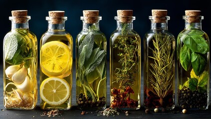 Variety of infused olive oils in glass bottles with herbs, garlic, and scattered lemon or thyme leaves on dark grey background, highlighting colors and textures