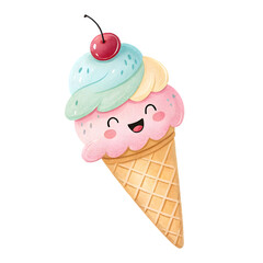 Cheerful cartoon ice cream cone with cherry topping isolated on a transparent background pink