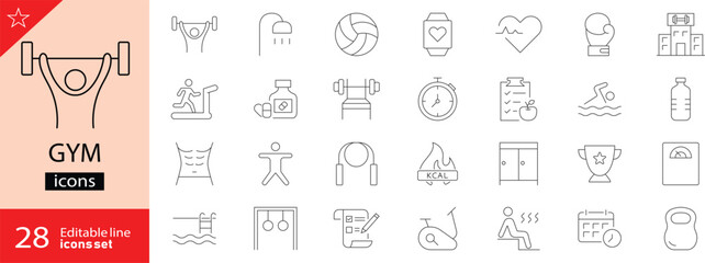 Gym icons set. Includes dumbbell, barbell, kettlebell, treadmill, yoga mat, weight bench, protein, shoes, stopwatch, and fitness gear. Editable stroke. Line icons. Perfect for infographics.