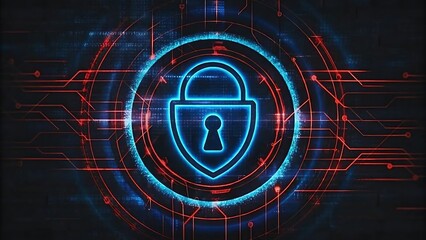 Obraz premium Futuristic Cyber Security Shield with Digital Lock and Neon Tech Glow