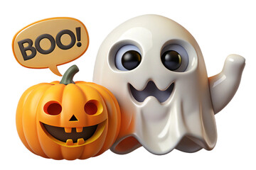 Fototapeta premium Friendly cartoon ghost and jack o lantern with a spooky boo speech bubble against a black background