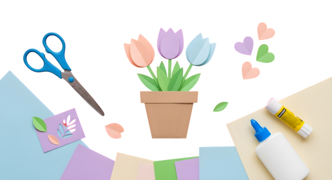 Photo of craft supplies including scissors, glue, and paper tulips, with colorful hearts and paper scraps, isolated on transparent background