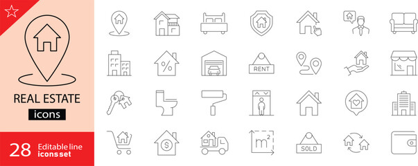 Real Estate icons set. Includes icons for house, apartment, building, for sale sign, rent, key, mortgage, location pin, blueprint, and property. Perfect for infographics, mobile apps, and web design. 