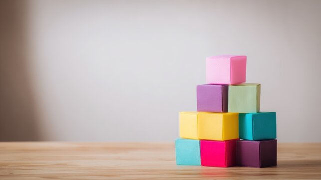 Stacked boxes with vibrant colors on wood surface, perfect for e-commerce listings or brand identity.