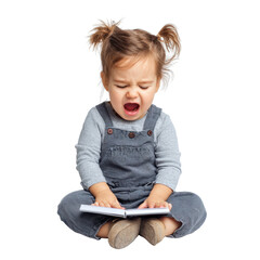 Crying toddler girl reading book on transparent background