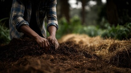 Close up of a farmer s hands carefully working with rich organic soil and mulch in a vibrant garden focusing on sustainable agricultural practices