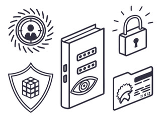 Collection of isometric icons representing security concepts like data protection privacy and access control