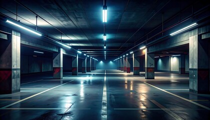 Fototapeta premium Empty underground parking garage, lit by cool toned fluorescent lights