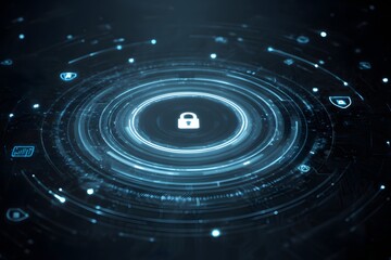 A futuristic digital illustration of an icon featuring security symbols and a lock,