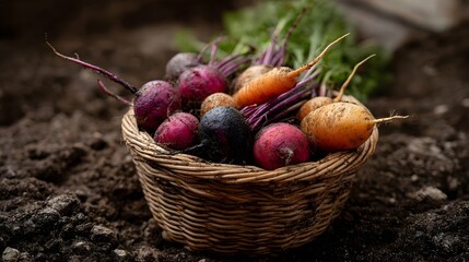 Freshly harvested organic root vegetables including beets carrots and radishes are presented in a rustic wicker basket atop rich garden soil
