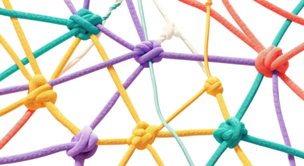 Colorful knotted strings forming a complex network