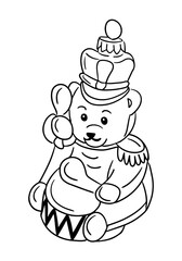 Vintage teddy bear toy drummer with crown and shoulder epaulets in outlined style. symbol of childhood joy, nostalgia and classic holiday tradition
