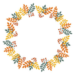 Autumn wreath made of rowan leaves and berries in warm seasonal colors. symbol of fall harvest, natural beauty and festive decoration