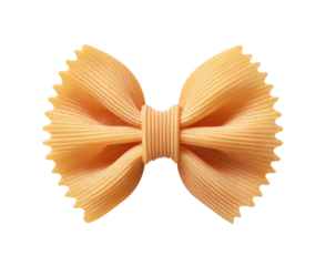Close-up of a single bow-tie pasta.  Light beige color,  with  a  ribbed  center  and  a  scalloped  edge.  Isolated on black background