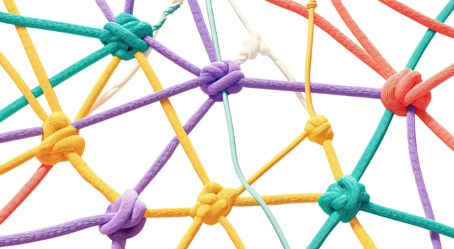Colorful knotted strings forming a complex network
