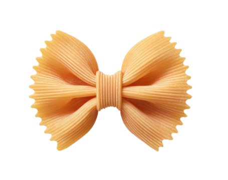 Close-up of a single bow-tie pasta.  Light beige color,  with  a  ribbed  center  and  a  scalloped  edge.  Isolated on black background