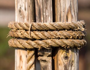 Close-up of rustic rope wrapped around wooden posts