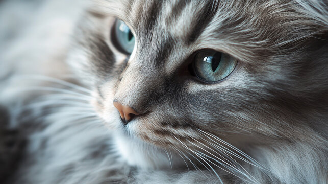Close-Up of a Fluffy Gray Cat with Blue Eyes - Powered by Adobe