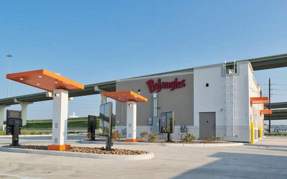 Bojangles fast food restaurant diner storefront location exterior drive thru Tomball, Texas USA 08-24-2025.