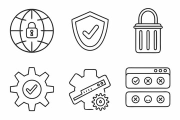 Collection of security and technology icons including a locked globe shield with checkmark padlock gears and login interface